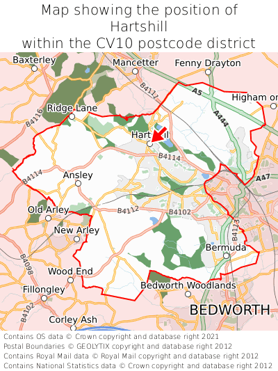 Map showing location of Hartshill within CV10