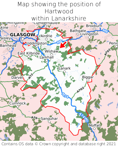 Map showing location of Hartwood within Lanarkshire