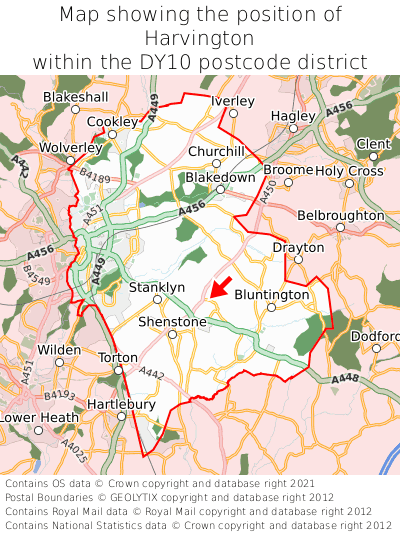 Map showing location of Harvington within DY10