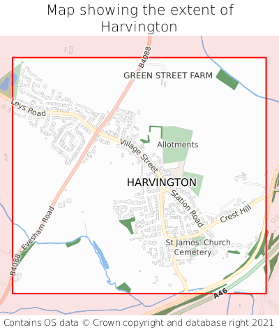 Map showing extent of Harvington as bounding box