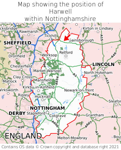 Map showing location of Harwell within Nottinghamshire