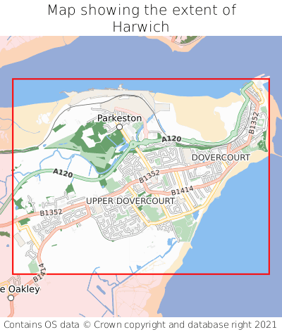 Map showing extent of Harwich as bounding box