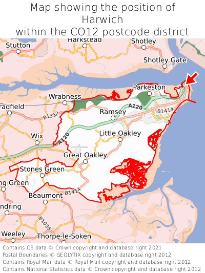 Map showing location of Harwich within CO12