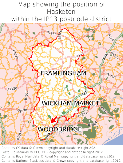 Map showing location of Hasketon within IP13