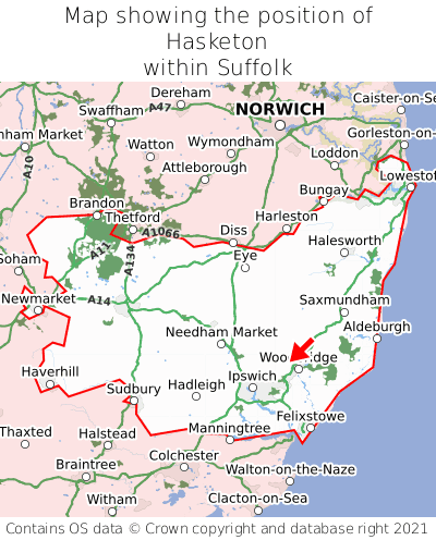 Map showing location of Hasketon within Suffolk