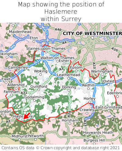 Map showing location of Haslemere within Surrey