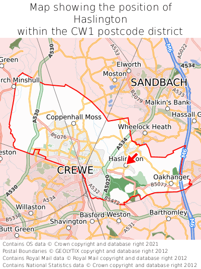 Map showing location of Haslington within CW1