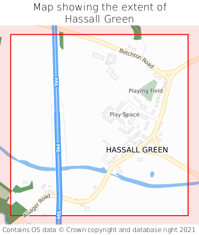 Map showing extent of Hassall Green as bounding box