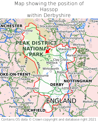 Map showing location of Hassop within Derbyshire