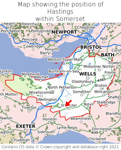 Map showing location of Hastings within Somerset