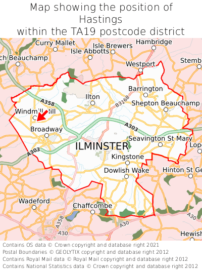 Map showing location of Hastings within TA19