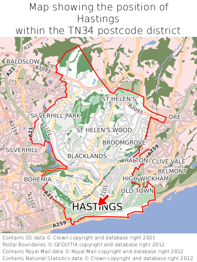 Map showing location of Hastings within TN34