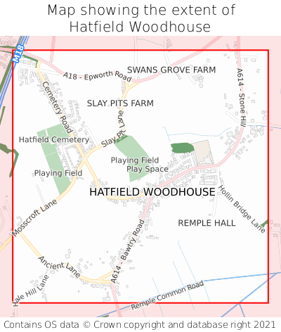 Map showing extent of Hatfield Woodhouse as bounding box
