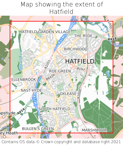 Map showing extent of Hatfield as bounding box