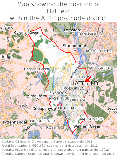 Map showing location of Hatfield within AL10