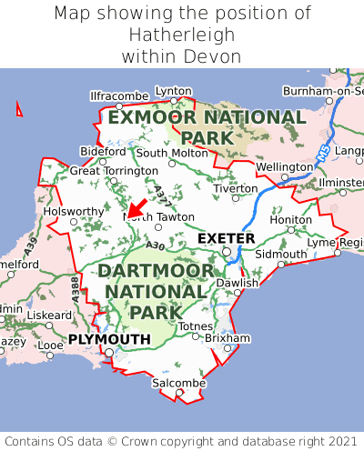 Map showing location of Hatherleigh within Devon