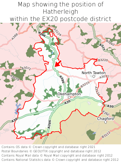 Map showing location of Hatherleigh within EX20
