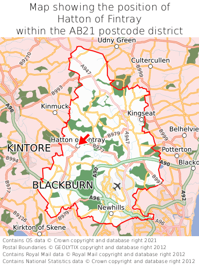 Map showing location of Hatton of Fintray within AB21