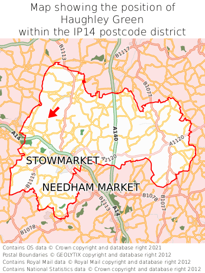 Map showing location of Haughley Green within IP14