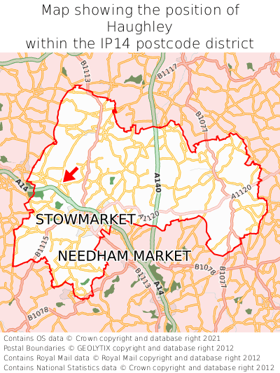 Map showing location of Haughley within IP14