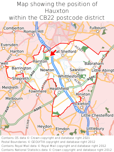 Map showing location of Hauxton within CB22