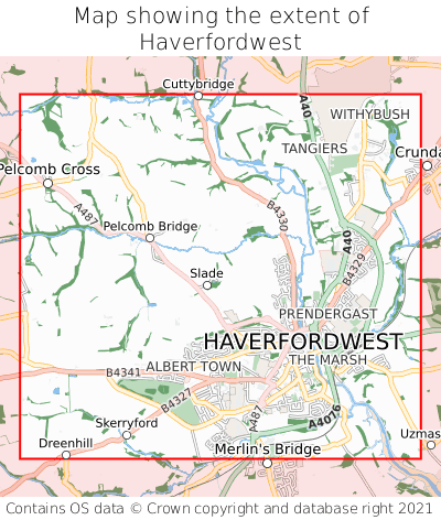 Map showing extent of Haverfordwest as bounding box