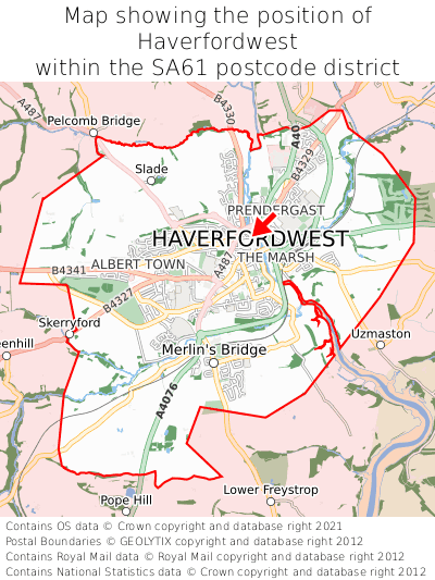 Map showing location of Haverfordwest within SA61