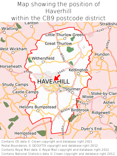 Map showing location of Haverhill within CB9