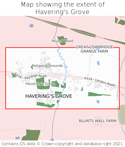 Map showing extent of Havering's Grove as bounding box