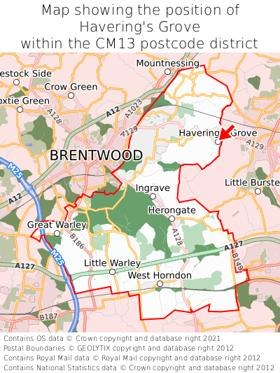 Map showing location of Havering's Grove within CM13