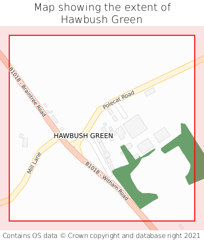 Map showing extent of Hawbush Green as bounding box