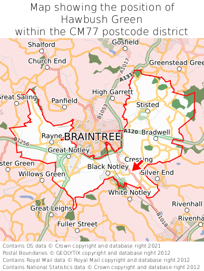 Map showing location of Hawbush Green within CM77