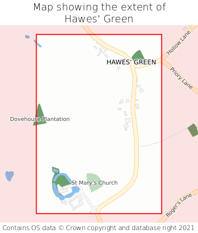 Map showing extent of Hawes' Green as bounding box