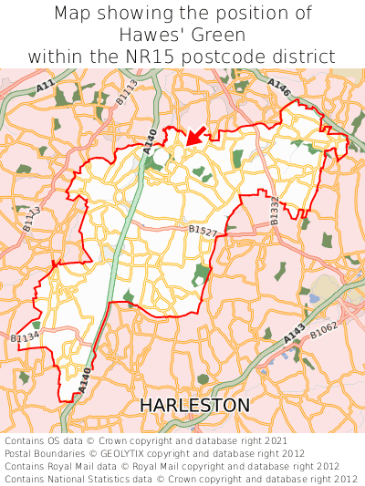 Map showing location of Hawes' Green within NR15
