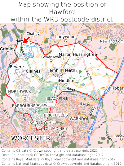 Map showing location of Hawford within WR3