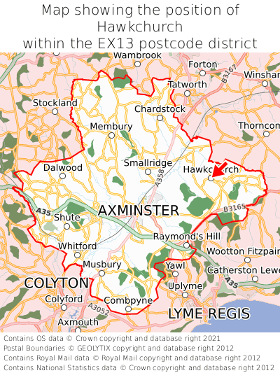 Map showing location of Hawkchurch within EX13