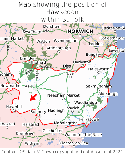 Map showing location of Hawkedon within Suffolk