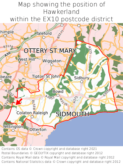 Map showing location of Hawkerland within EX10