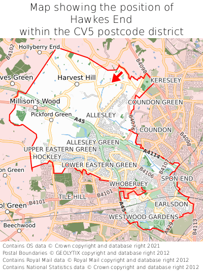 Map showing location of Hawkes End within CV5