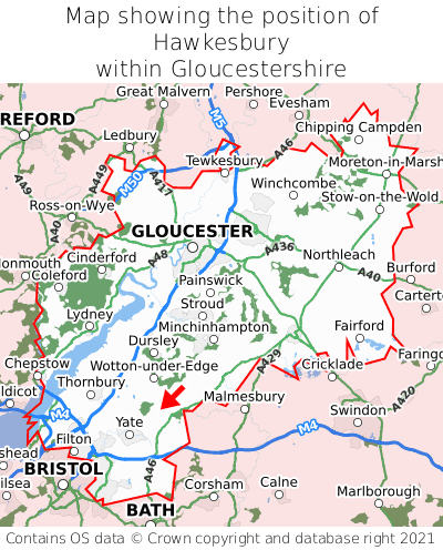 Map showing location of Hawkesbury within Gloucestershire