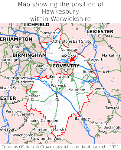Map showing location of Hawkesbury within Warwickshire