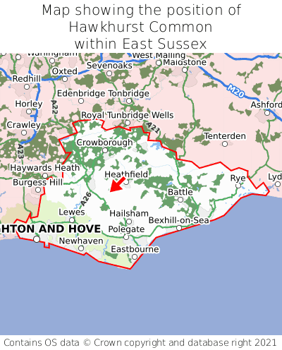 Map showing location of Hawkhurst Common within East Sussex