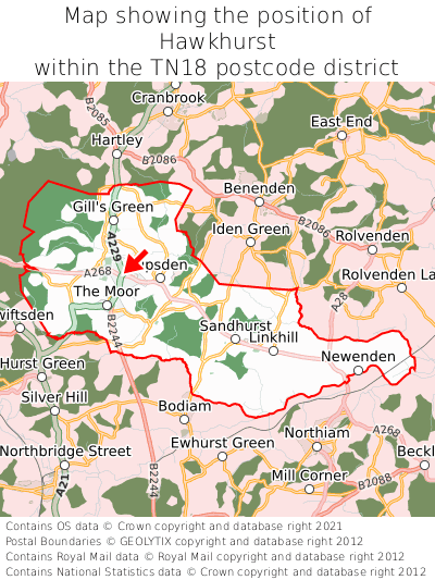 Map showing location of Hawkhurst within TN18