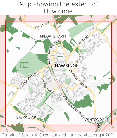 Map showing extent of Hawkinge as bounding box