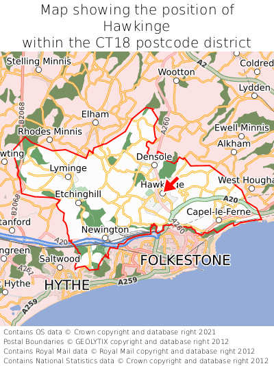 Map showing location of Hawkinge within CT18