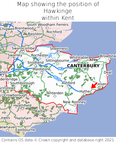 Map showing location of Hawkinge within Kent