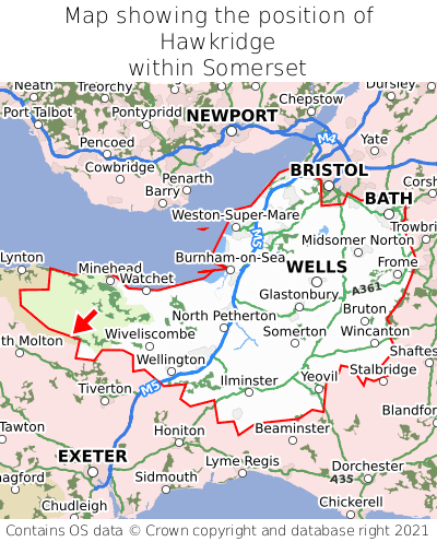 Map showing location of Hawkridge within Somerset