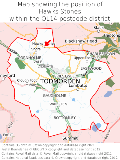 Map showing location of Hawks Stones within OL14