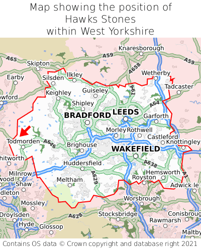 Map showing location of Hawks Stones within West Yorkshire