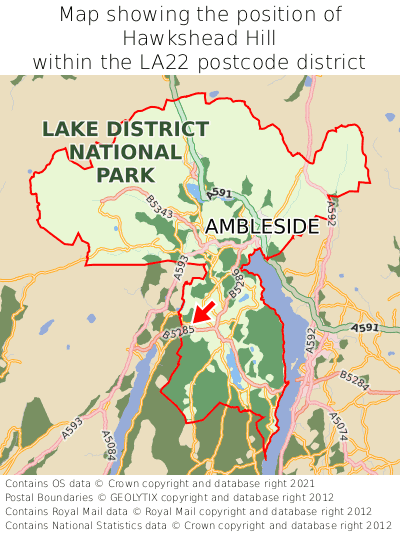 Map showing location of Hawkshead Hill within LA22